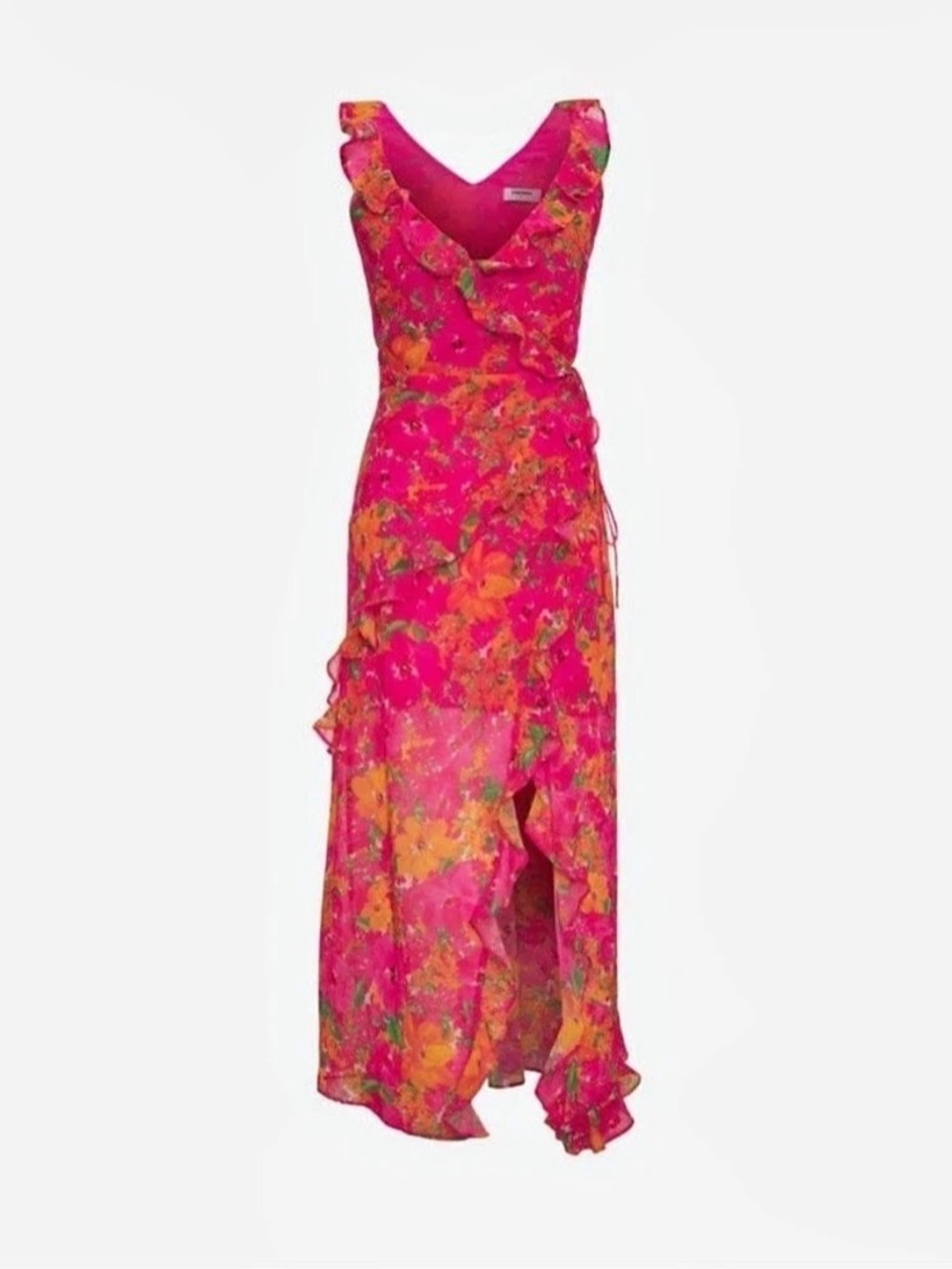 NWT. RUMORED.  Pink And Orange Floral Printed Wrap Over Strappy Midi Dress.